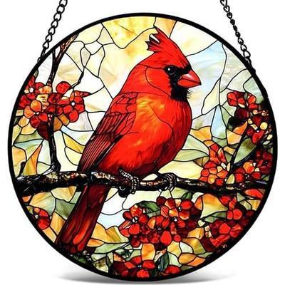Cardinal Stained Glass Panel, Round Window Hanging Suncatcher, Red Bird Glass Decor for Window, Memorial Gift for Women Mom 6.3inch