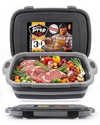 Collapsible BBQ Prep Tub with Lid & Cutting Board Medium 3-in-1 by Smoker Chef - 4.2 Gal - 20"L x 16.25"W x 7"D