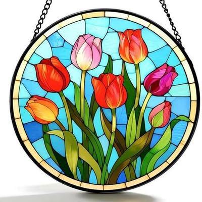 Tulip Stained Glass Panel, Round Window Hanging Suncatcher, Colorful Flower Glass Decor for Window, Spring Home Decor Gift for Women Mom 7.8Inch