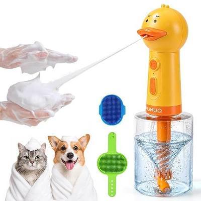 Electric Dog Shampoo Dispenser, IPX7, Auto-mix Motor, 500ml Duck Design | Rechargeable Pet Bath Dispenser with 2 Adjustable Silicone Brushes, IPX7 Waterproof Dog Shampoo Frother for Gentle Cleaning