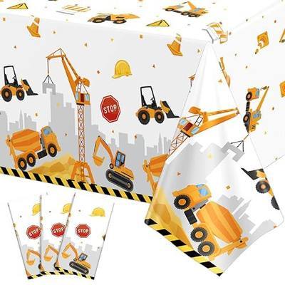 3 Pack Plastic Construction Tablecloths, Disposable Birthday Tablecloth | 54 X 108Inch Waterproof Plastic Table Covers for Rectangular 8-10 Seat Tables, Easy-Clean Surface, Kids Birthday Party Decor