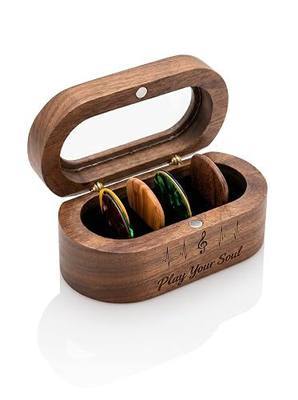 Wooden Guitar Pick Holder Set with 8 Picks, Red Sandalwood | Guitar Pick Case, Red Sandalwood, Magnetic Pick Holder, Desktop Storage and Display, Gift for Guitarists, Acrylic Window
