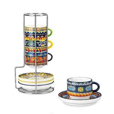 vancasso 2.5 Oz Bohemian Espresso Cups Set of 4 with Stand | Bohemian pattern, vibrant colors, porcelain cups, stackable saucers with metal stand, espresso, cappuccino, latte macchiato