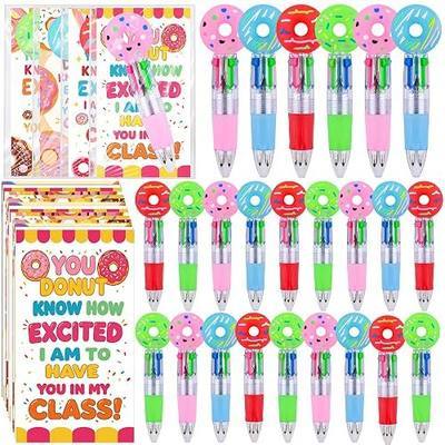 LiYiQ 24 Set Back to School Gifts with Donut 4-in-1 Pens and 24 Welcome Cards First Day of School Gift for Exchange Gifts Bulk for Classroom Rewards from Teacher to Students Supplies