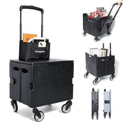 Foldable Utility Cart Portable Rolling Crate Handcart Shopping Trolley Collapsible Rolling Crate cart Tool Box, with Lid, Pull carts on Wheels, for Grocery, Shopping, Office, Teacher
