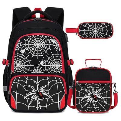 FIXITOK 3PCS Boys Backpack Set, Cool Luminous Spider School Backpack for Boys with Lunch Bag & Pencil Case, Kids Bookbag Teen Boys for Kindergarten Elementary Middle School