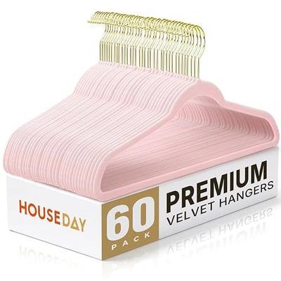 HOUSE DAY Pink Velvet Hangers 60 Pack with Gold Hooks, Non-Slip, No Marks | 0.2in Slim Hangers with 360° Swivel Hooks Save Closet Space, Heavy Duty for Suits, Coats, and Dresses, Upgrading Wardrobe
