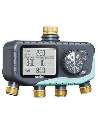 RAINPOINT Sprinkler Timer, 4 Outlets Hose Timer with Brass Inlet with Rain Delay/Manual/Automatic Controller System, Programmable Digital for Lawn Yard, 4 Zone (Baby Blue, 4 Outlets)