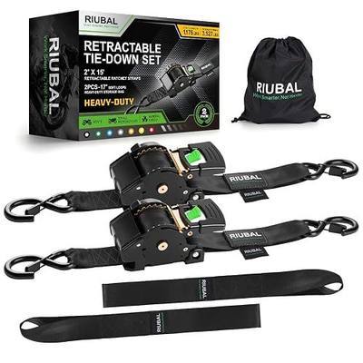 Retractable Ratchet Straps (2-Pack) - 2 Inch x 15 Feet (3,527lb Break Strength) - Auto Self Retracting Tie Down Straps Heavy Duty for Motorcycle, ATV, UTV, Truck, Cargo Trailer - Black