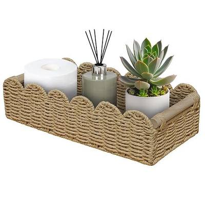 Upgraded L Scalloped Wicker Basket with Wood Handle | Decorative Handwoven Wicker Bins, Ideal for Toilet Tank Tops, Shelves, Living Room, Bedroom, End Table, Kitchen and More.