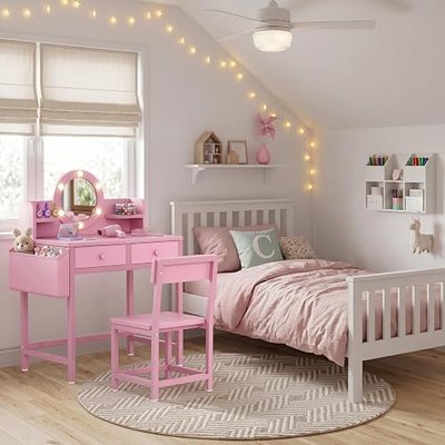 BOLUO Kids Vanity Table and Chair Set, Kids Vanity for Girls with Lights and Mirror, 2 in 1 Kid Vanity Set, Princess Makeup Vanity Desk with Drawers Pink