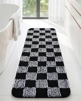 LOCHAS Long Bathroom Runner Rug 48×17, Checkered Bath Mat Non Slip, Black | Rubber Backing Absorbent Machine Washable, Microfiber Carpet for Kitchen Bedroom Entryway