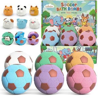 Soccer Kids Bath Bombs with Surprise Toys Inside, 6 Pack Gentle Bubble Bath Fizzies, Football Shape Spa Gifts for 3-12 Year Old Boys Teen Sports Theme Girls Party Favor Birthday Christmas
