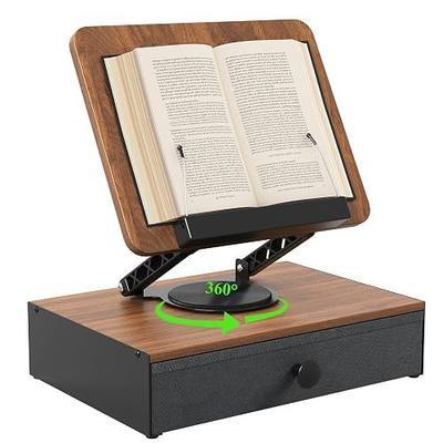 Book Stand for Reading with Storage Drawer, 360°Rotating Book Holders for Reading Hands Free, Adjustable Angle Book Holder for Cookbook/Recipe/Laptop, Foldable Cookbook Stand Holder for Kitchen