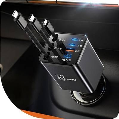 DreamBee Retractable Car Charger,108W 6 in 1 Super Fast Car Phone Charger with 3 Cords 31.5INCH, USB C Car Charger Adapter for iPhone 17/16/15/14/13 Pro Max XR,iPad,Samsung,Pixel