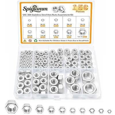 150Pcs SAE Hex Nuts Assortment Kit, 304 Stainless Steel Nut Sets 4#40 6#32 8#32 10#24 10#32 12#24 1/4-20 5/16-18 3/8-16 1/2-13 Screw Kits Standard Inch Thread