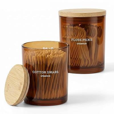 2 Pack Glass Qtip Holder Dispenser Set - Q Tip Holder for Bathroom Canister Qtip Dispenser with Lid for Cotton Balls, Swabs, Floss Picks, and Makeup Sponges ,Amber,Large Capacity