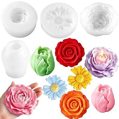 MEMOVAN 3D Flower Candle Molds 4PCS Rose Daisy Peony Tulip Silicone Mold | 3D Floral Resin Candle Soap Mold Rosas Silicona para Velas for Candle Making DIY Resin Crafts Cake Decoration Flower Fondant