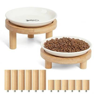 Shallow Elevated Cat Bowls, 2, White (Fish Bone), Bamboo Stand | 5.9 Inch Wide, Ceramic Dishes, Whisker Friendly, Raised Pet Food, Adjustable