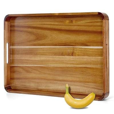 26" x 17" Acacia Wood Serving Tray with Handles & Rounded Corners | Huge Rectangular Wooden Ottoman Tray for Living Room, Kitchen, Coffee Table, Food Serving