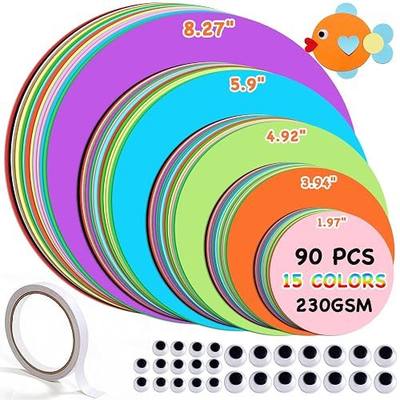 90PCS Circle Cardstock Paper Cutouts, 5 Sizes 15 Colors, 230GSM Heavy Round Card Stock with Double-Sided Tape, 14 Wiggle Eyes(10mm & 20mm), Construction Paper for Classroom Crafts, DIY Cards