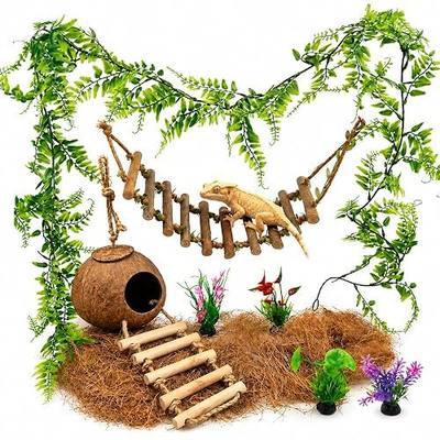 Crested Gecko Tank Accessories, Reptile Bridge and Plants with Coconut Shell Ladder Hideout, Natural Terrarium Decor for Lizard, Chameleon, Leopard Gecko, Snake, Hermit Crab and Tortoise (8PCS)