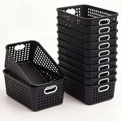 Geetery 12 Pcs Plastic Classroom Storage Baskets 11" x 7",Black | Medium Storage Bins with Handle, Plastic Turn in Paper Trays, Organizer for Classroom Office Home Desktop Bookshelf Closets