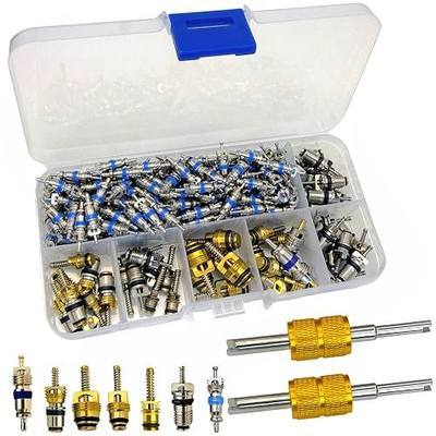 132Pcs Air Conditioning Valve Core Accessories Kit, A/C R410/R32/R22 R134a Refrigeration HVAC Valve Cores Repair Kit with Double Head Dual Dismantling Remover Installer Tool Assortment Kit