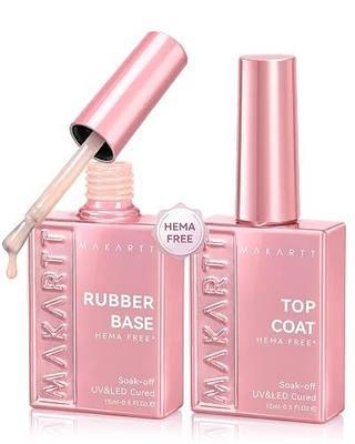Makartt Hema-Free Rubber Base Top Coat Set: Tpo-Free 6-in-1 Rubber Gel Polish Nude No Wipe Top Coat for Thin Nails Repair Strengthener Building Long-Lasting Soak Off UV Salon Home Manicure 15ML