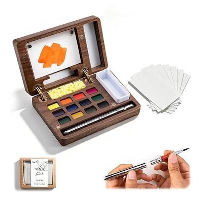 SEAMIART 12 Colors Mini Watercolor Paint Set, All-in-One Travel Painting Kit with Walnut Wood Watercolor Palette Box, Portable Travel Brushes, Watercolor Papers, Art Supplies for Beginners, Art Lovers