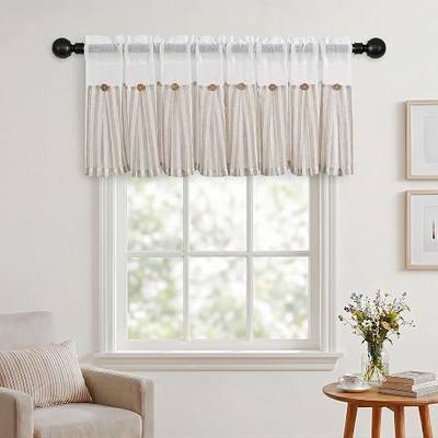 JIUZHEN Faux Linen Farmhouse Valance Curtains, Striped & Solid Spliced Design, Rod Pocket Window Valance for Kitchen/Bathroom Decor, Beige, 52"x18", 1 Panel