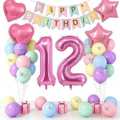 12th Birthday Decorations for Girls, Pastel Balloons, Pastel Party Decor | 40 Inch Number Balloons,Butterfly Party Decorations,Happy Birthday Banner,Star Heart Foil Balloons,Girls Birthday Balloon Kit