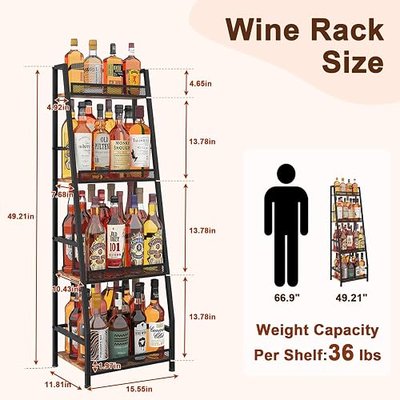 4-Tier Trapezoid Liquor Stand for Home Bar, Upgraded Taller Spacing Liquor Cabinet Fits 750ml & 1750ml Bottles, Large-Capacity Floor Wine Rack for Whiskey and Wine, Corner Display Shelf with Fences