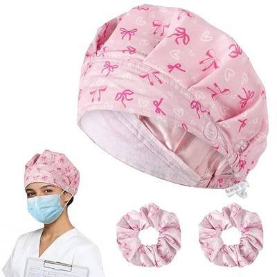 JATEBI Bouffant Scrub Cap with 2 Scrunchies | Adjustable Nursing Cotton Caps with Button Sweatband for Women Men, Working, Hospital