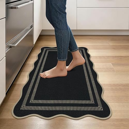 Kitchen Rugs Non Slip Washable, 17.3"x30" Cushioned Scalloped Rug Kitchen Mats for Floor, Absorbent Imitation Linen Braided Standing Mat for Sink Laundry Kitchen Decor