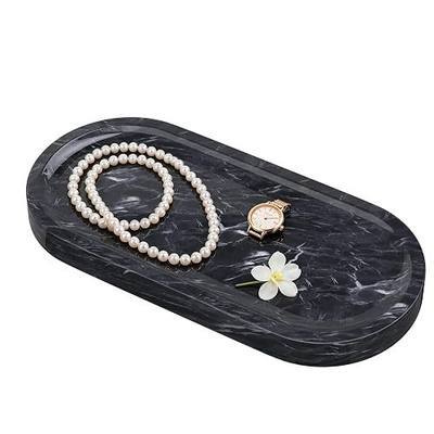 Polishing Bathroom Tray with Anti Slip Foot Pad,9.8x4.7x0.7in,Grey | Decorative Vanity Trays,Marble Dresser Platter,Elliptical Stone Plate with Natural Patterns for Perfume,Jewelry Organizer