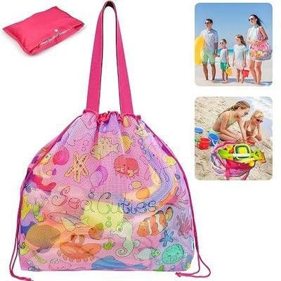 Large Mesh Beach Bag for Sand Toys Summer Pool Essentials, 26 inch | Breathable mesh, Quick-dry Sand Filter Tote Bag with Drawstring for Market, Grocery & Picnic, Pink