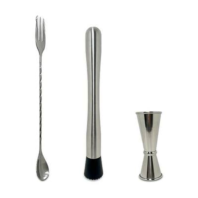 Cocktail Bar Muddler, Mixing Spoon and Measuring Jigger for Home Bartending | 3 Pcs stainlless steel Food Grade