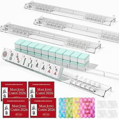 American Mahjong Racks with Pushers Set of 4, Clear Acrylic, 17.5 in | Anti-Slip Silicone Pads, Tile Shuffler Cards, Manuals & Protective Sleeves for Family Game Nights, Lessons & 4-Player Play