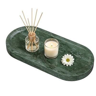 Bathroom Trays with Anti Slip Foot Pads,9.8x4.7x0.7in,Emerald Green | Decorative Vanity Trays,Marble Dresser Platter,Elliptical Stone Plate with Natural Patterns for Perfume,Jewelry Organizer
