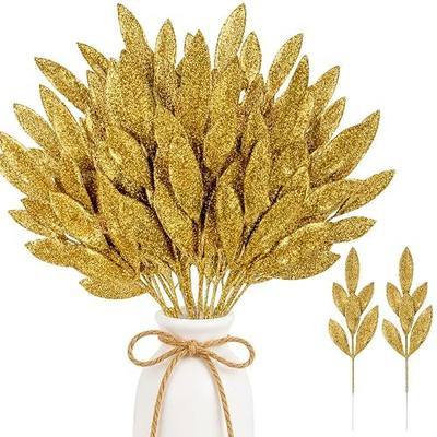 30PCS Gold Glittered Artificial Leaf Spray Picks - Bay Leaf Stems, 13.4in | Christmas Tree Picks for Winter Wreath, Vase Centerpiece, Bouquet & Holiday Arrangement Decor