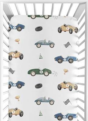 Sweet Jojo Designs Fitted Baby Crib Sheets (Vintage Race Car) for Boys, Infant Nursery, Toddler Room - Standard Size (Blue, Green and Yellow Colorful, Fast Racecars, Cartoon Cars, Motorsport, Tires)