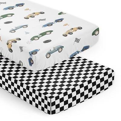Sweet Jojo Designs 2-Piece Baby Crib Sheets Set (Vintage Race Car) for Boys, Infant Nursery, Toddler Room - Fitted, Standard Size (Gingham Checkered Black/White & Blue/Green Colorful, Cartoon Cars)