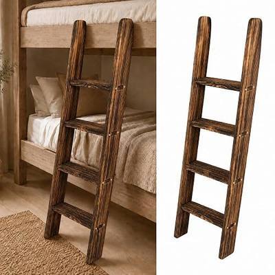 50 Inch Wood Bunk Bed Ladder, Solid Pine RV Bunk Ladder with 3.7 in Wide Flat Steps, Screw-Fixed Brackets, Non-Slip Pads, Replacement Wooden Ladder for Camper Motorhome Loft Bed, Torched Brown