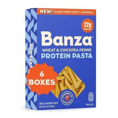 Banza Penne Protein Pasta Made from Wheat + Chickpeas - 6-Pack, 12 oz Box - High Protein 22g, Classic Taste & Texture, Non-GMO, Kosher, Plant-Based, CleanScan Certified, Family-Friendly Pasta