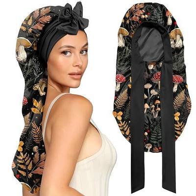 Long Satin Hair Braid Bonnet for Sleeping Double Layer Tie Band Wide Elastic Soft Silk Lined Nightcap Women Girls Cute