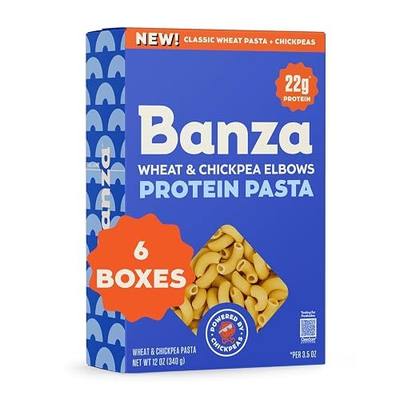 Banza Elbow Protein Pasta Made from Wheat + Chickpeas - 6-Pack, 12 oz Box - High Protein 22g, Classic Taste & Texture, Non-GMO, Kosher, Plant-Based, CleanScan Certified, Family-Friendly Pasta