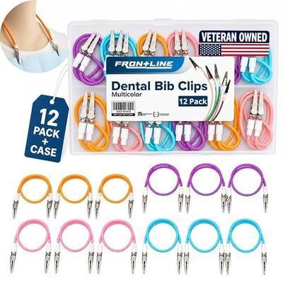 Silicone Dental Bib Clips 12 Pack Multicolor Set, Flexible 19" Bib Holders | Premium Stainless Steel Clamps, Autoclave Safe, Storage Case