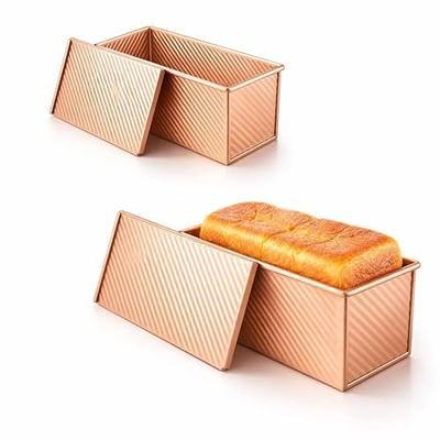 Pullman Loaf Pan with Lid 2 Pack, Carbon Steel Nonstick Bread Baking Pans with Sliding Lid, Gold Toast Mold for Sandwich Bread and Square Loaf, Small and Large Sizes, Oven Safe to 446°F