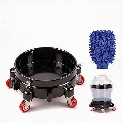 1 Pc 5 Gallon Bucket Dolly 11 Inch 1 Black Set | 1 car Washing Glove 5 Heavy Duty Wheel Casters 360°Rolling Connectable Locking Black Set for Car Wash Garden & Garage